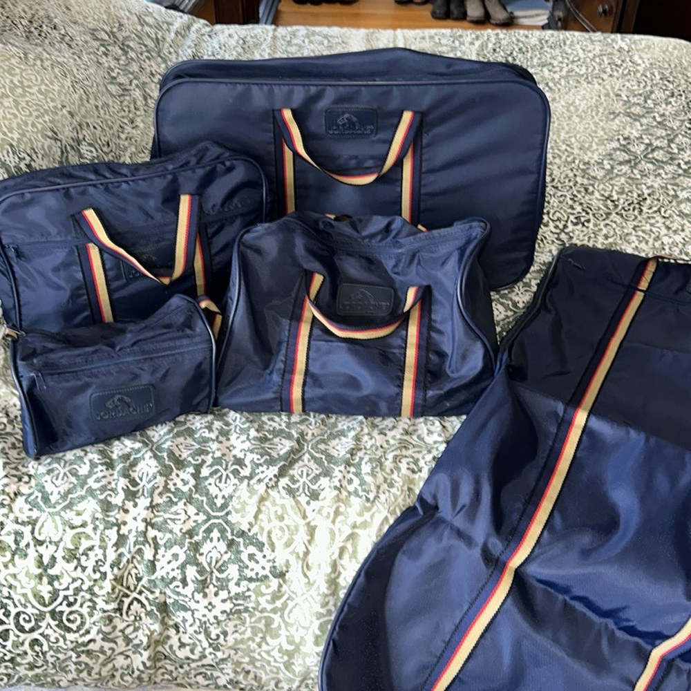 Excellent vintage Jordache blue nylon suitcase collection blue, red & tan handle